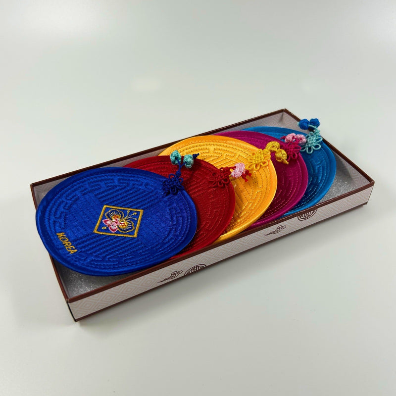 Korean Traditional Embroidery Coaster Set of 5 | Handmade Silk Knot Tassel | Ko